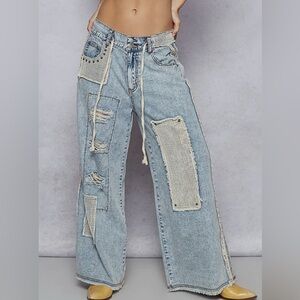 New Bestseller POL : blue denim crochet pocket patchwork wide leg Jean.